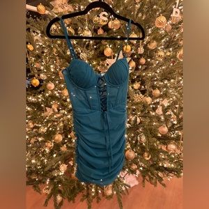 Oh Polly Blue Ruched Corset Top with Front Tie Bodycon Mini Dress